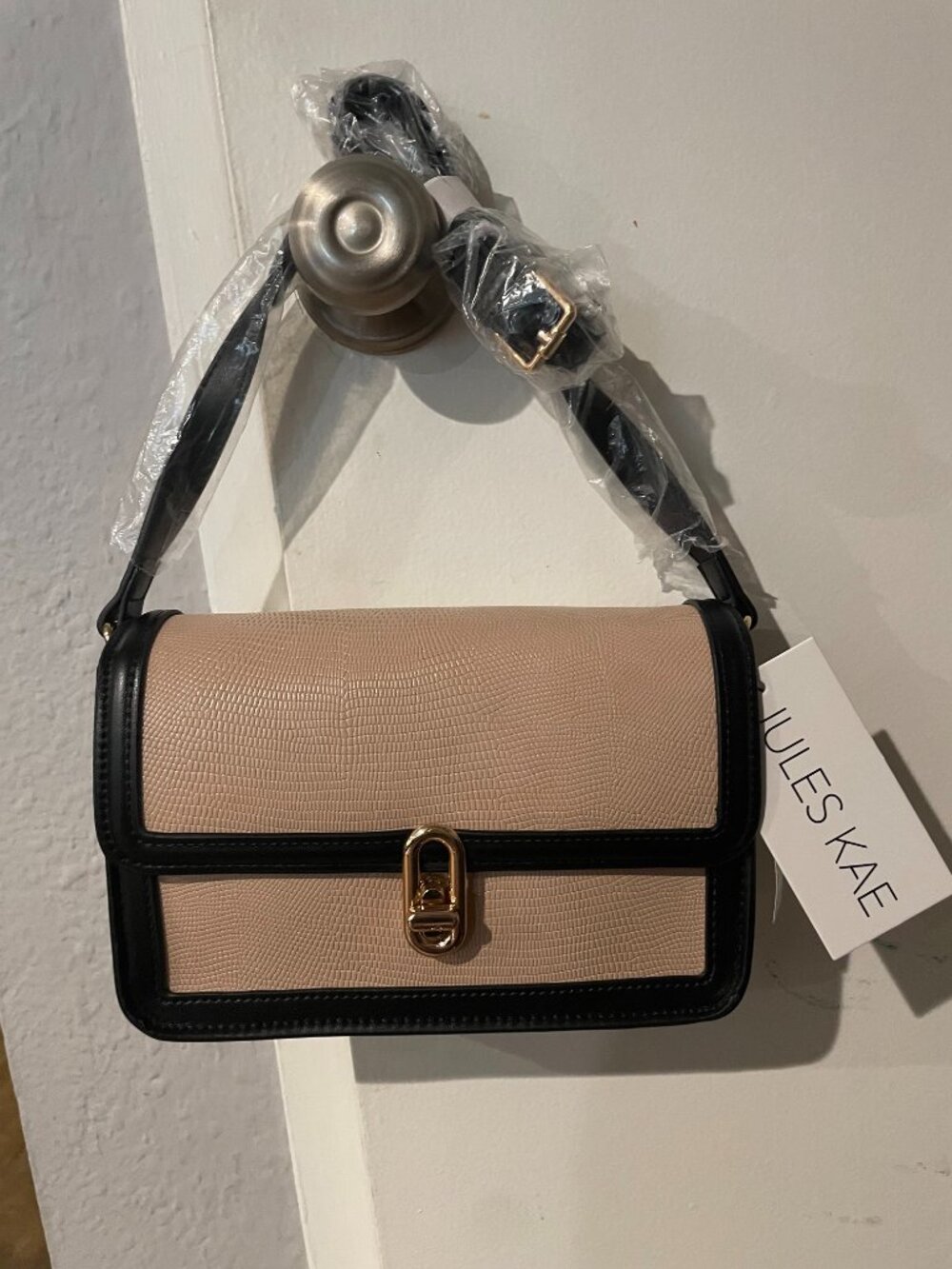 Jules Kae Vegan Crossbody Bag in Beige Lizard with Black Trim original $128. NWT